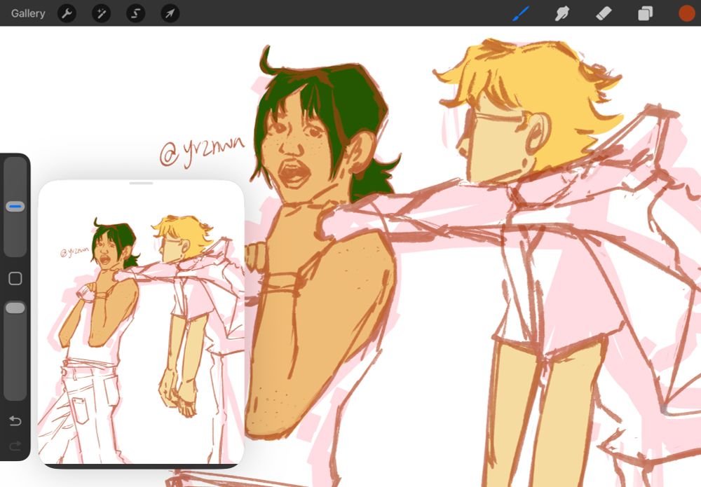 screenshot of a sketch of fem tsukkiyama. yamaguchi is dragging tsukki by the jacket around her shoulders