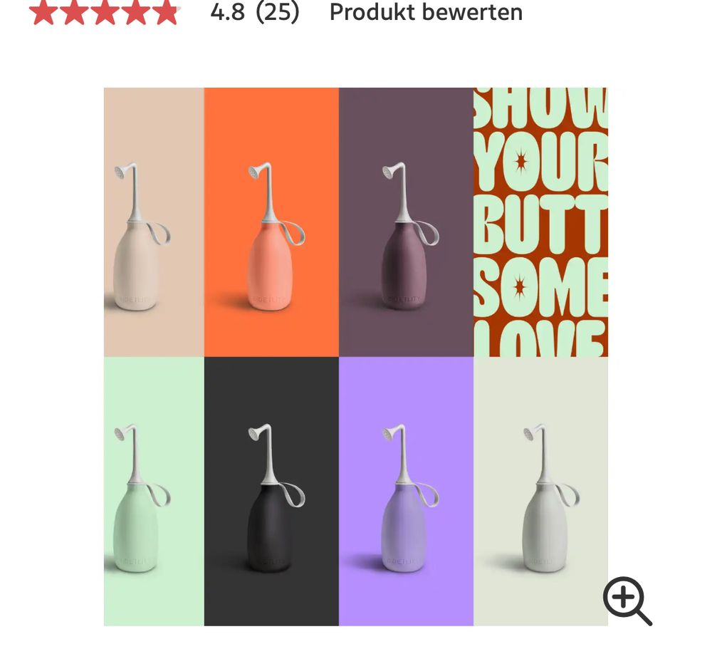 Im Bild: Grafik mit Abbildungen von Po-Dusche/Intimdusche in 7 verschiedenen Farben - beige, apricot, undefinierbar, mint, schwarz, lila, grau - und Text ,show your butt some love‘ 