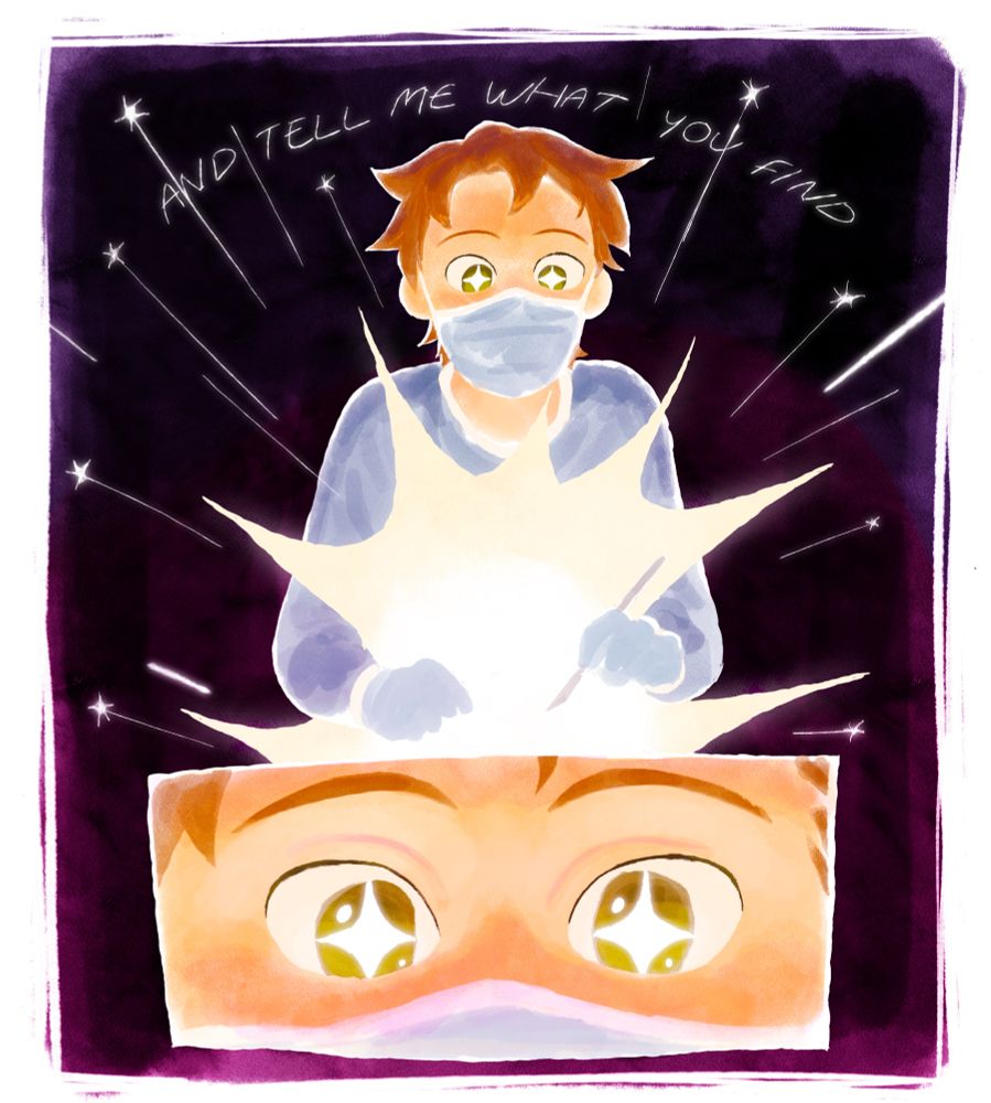 text: “And tell me what you find”
Noah leaning over wearing surgical mask, gloves, and gown. she’s looking in awe at the bright light implied to be bursting out of Orion. 