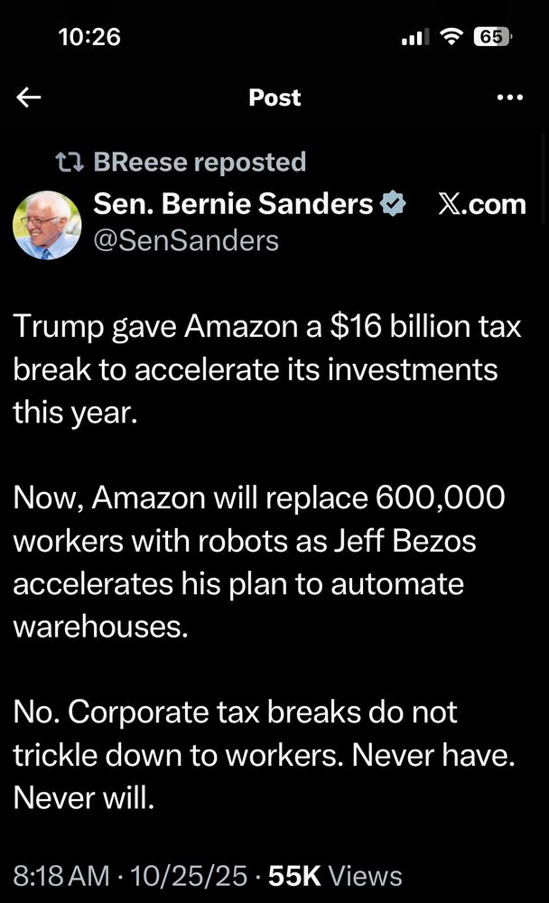 Post from Bernie Sanders stating Bezos and Amazon got a $16 billion tax cut from trump. Amazon now replacing 600,000 human workers with robots, accelerating his automated warehouse plans. Corporate tax breaks do not trickle down to workers.