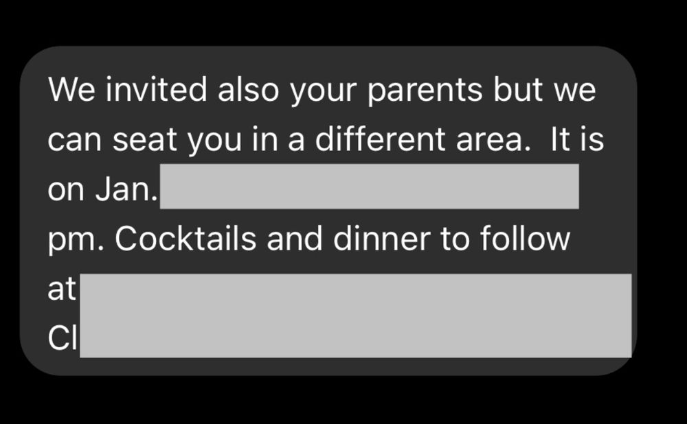 cousin made arrangements to seat me far away from the sperm donor