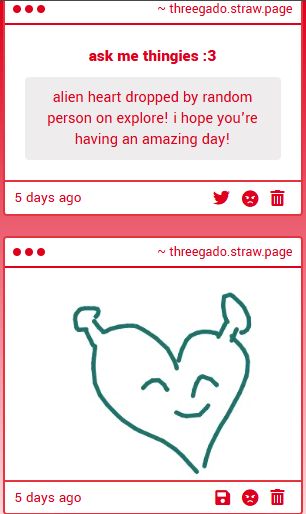 text saying "alien heart dropped by random person on explore! i hope you're having an amazing day!" with a picture of a heart with alien antenna (on strawpage)

