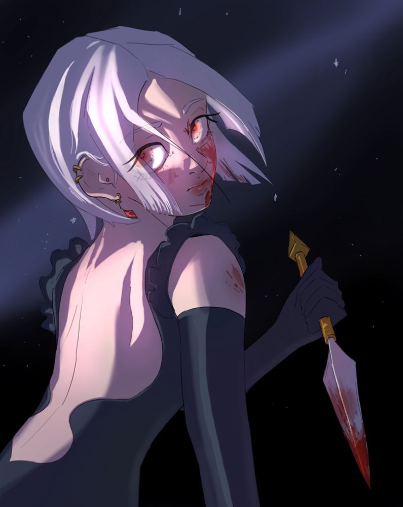Girl with white hair and red eyes wearing a black dress with an open back. She is holding a knife with blood on it, some of it splattered on her face