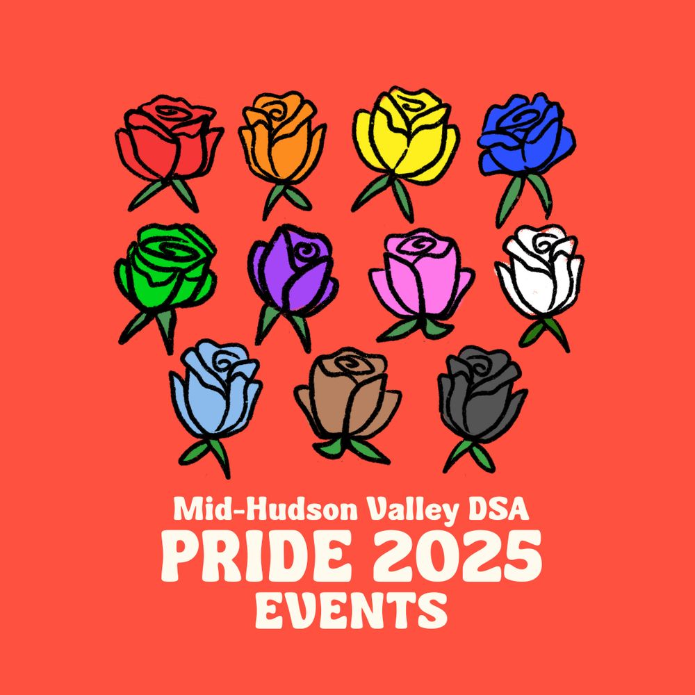The image features a 3x4 grid of roses, each a different color, set against a vibrant orange background. The roses are colored red, orange, yellow, blue, green, purple, pink, white, light blue, brown, gray, and black. Each rose is simplistic in design with leaves that are a consistent green color. Below the grid of roses, bold white text reads, "Mid-Hudson Valley DSA PRIDE 2025 EVENTS," centered at the bottom of the image.
