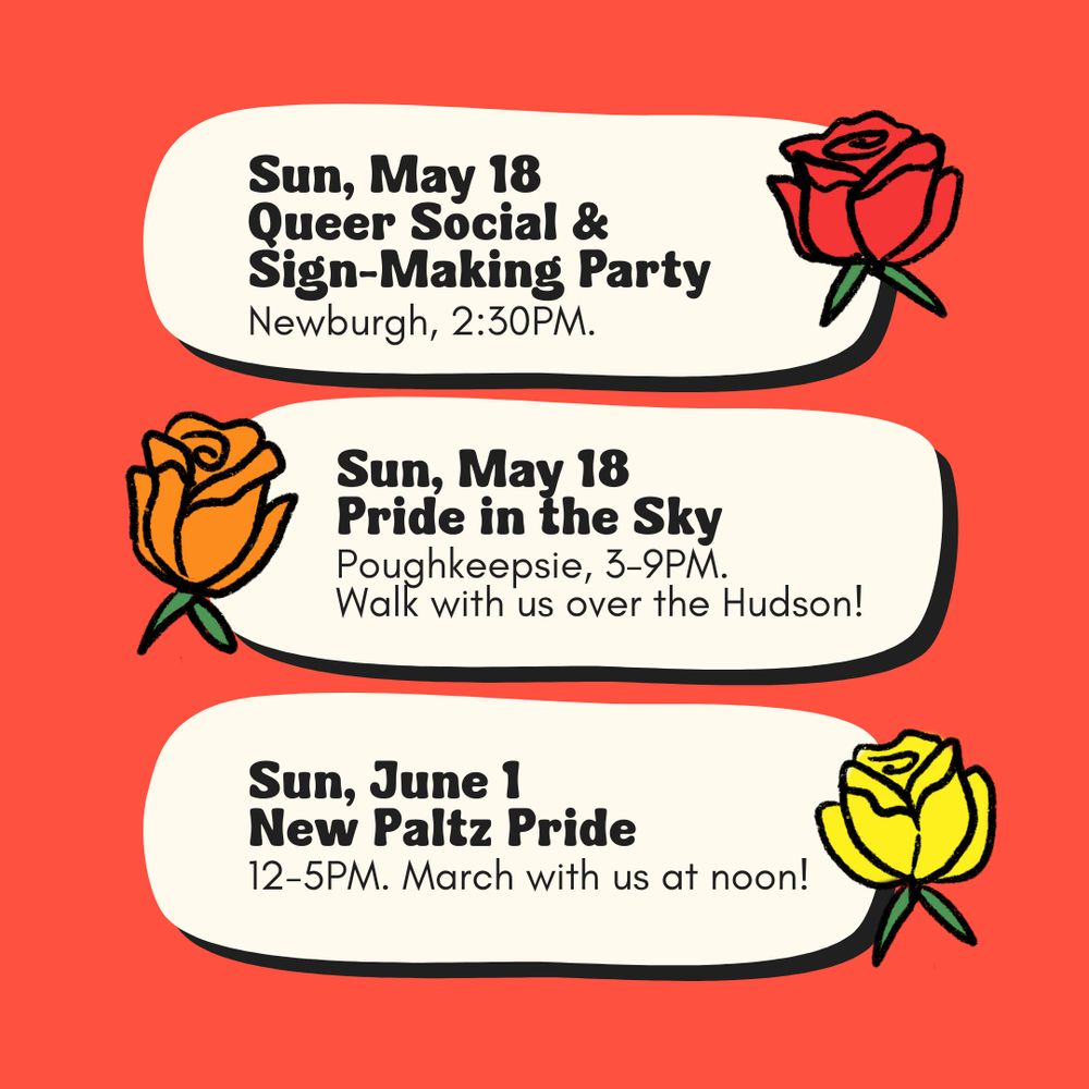 The image features a promotional graphic with a bright red background. It contains three large, curved, rectangular sections with text detailing events. Each section includes a distinct rose illustration on the right side: a red rose at the top, an orange rose in the middle, and a yellow rose at the bottom. The text is bold, black, and centered in each section, listing different event details.
