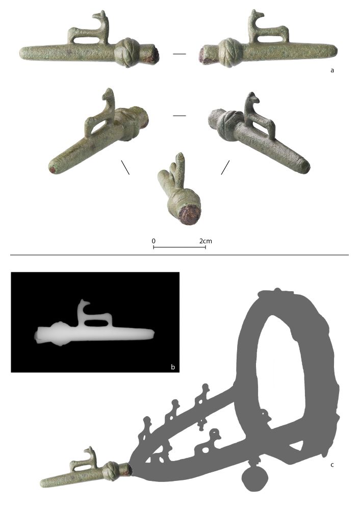 Herslev metal goad with a figure of a horse attached, an x-ray showing the goad’s construction, and a reconstruction of the zoomorphic spur it was once part of . Photos by Museum Vestsjælland. Figure by Leszek Gardeła