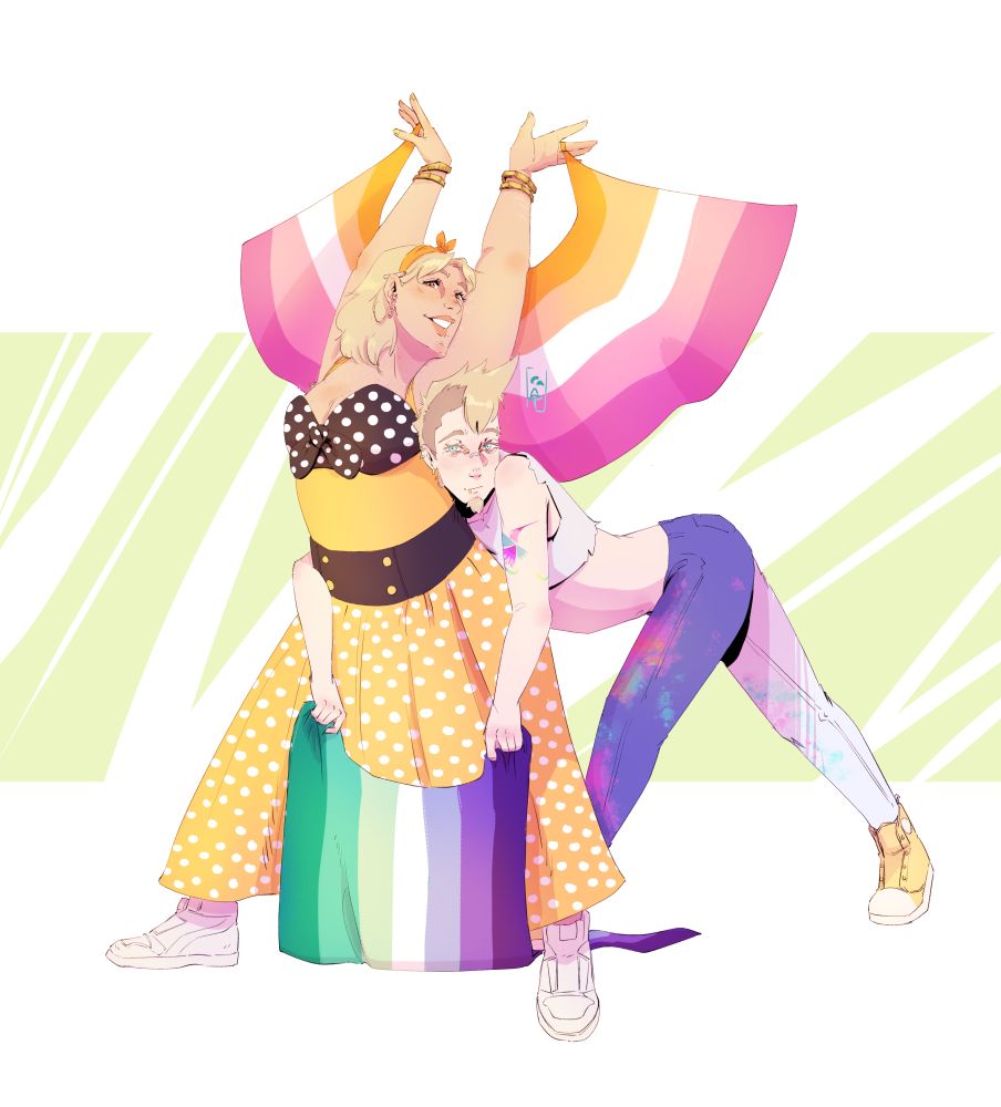 My characters Alexandra and Valdein with their respective flags (Lesbian and Gay). She is blonde and dress pin-up with yellow and black, and he is a bit punk and wears a crop-top and trousers with paint spots