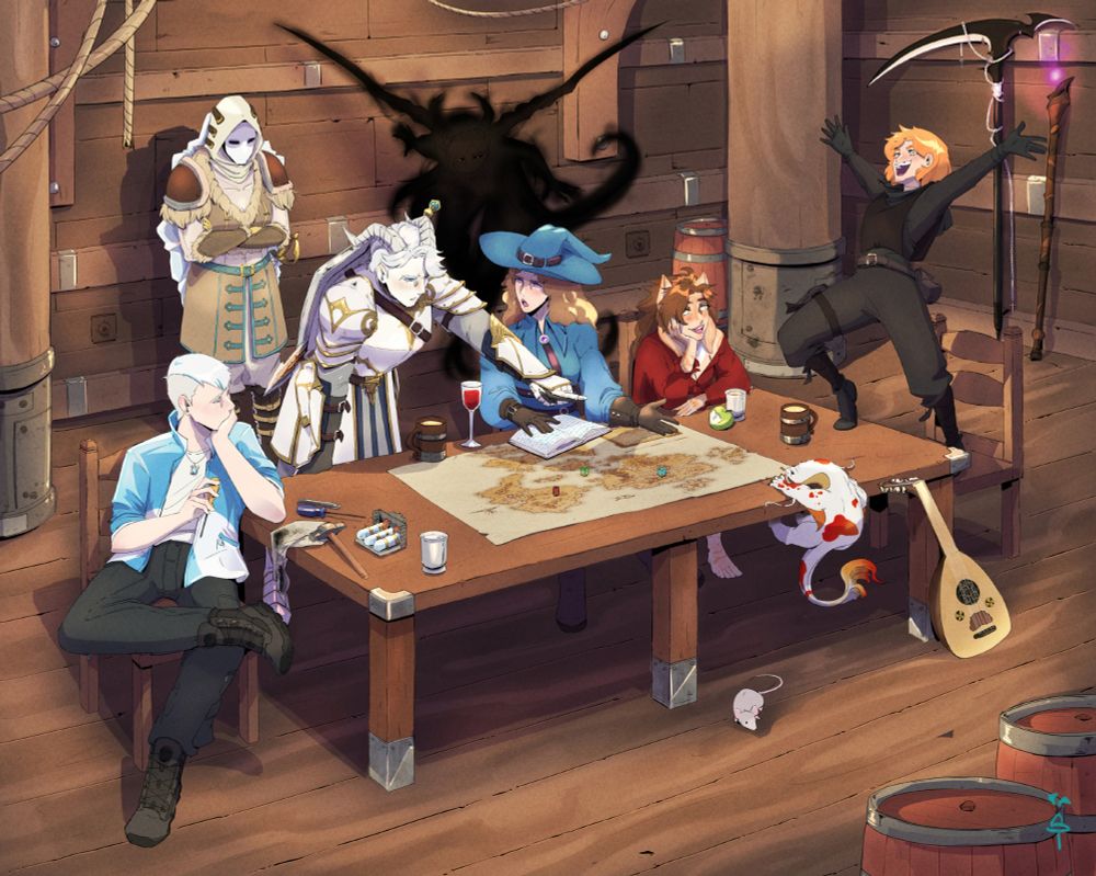 A big scene with 6 characters, a demonic shadow and a pet in the table of a ship looking at the map. Left to the right:

1- A serious character with white hair, blue and white jacket, white tshirt and black cargo pants with black boots. He's with a lot of mechanic tools, pensative.

2- beige hood, white mask, fur and leather clothes and a white glass-like shield in her back. She's staring at the rest, with crossed arms.

3- a white tiefling with white short hair ad white and golden full armor. He has also a shield and a sword at his back. He's pointing at the map, serious, like doing a kind of strategy.

4- A witch with blue hat and dress with leather straps and gloves. She's arguing with the tiefling. She has also a book with blue letters. She has also a black demoniac shadow behind her, looking at them.

5- A girl with cat ears, long brown hair and animal features. She has part of her skin with scales an the other one with frog pattern. She's looking enchanted with a big smile to her mate.

6- A girl with orange hair and dress with black clothes similar like a ninja. She's noisy, standing up on a chair with a feet on the table, with the arms opened like saying crazy things.

7- There's an animal similar a cat and a cobra trying to catch the big map that is in the middle of the table.

There's also a rat in the floor and a laud. Everybody has a drink; 2 beers, a juice, water and a wine glass. Two weapons are at the back; a black scythe and a mage staff. There's also strings in the roof and barrels in the floor. The light comes from the roof