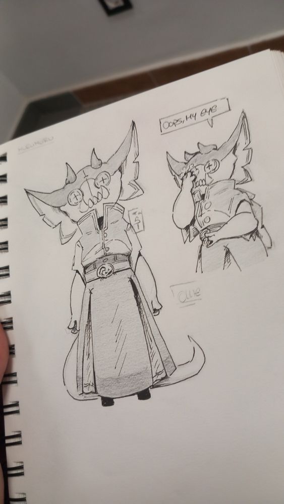 A doodle of my new chatacter, a puppet with a beast form but in a cute way, with big ears, big fangs and buttom eyes. He wears a dress.

Theres a normal posse and other one where he has broke one eye and is a lot of cotton. He is saying "oops, my eye"