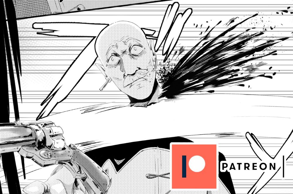 Someone cutting of the head to a bald elve who has a gun in his hand. The blood has split out.