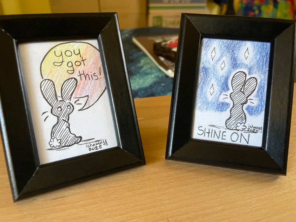 A pair of tiny drawings in tiny frames.
The drawings are of little black bunnies with text. One says “You got this!” In a speech bubble, as the rabbit looks over their shoulder at the viewer.

The other shows the bunny, looking up at some small stars and the text “Shine On” underneath. 