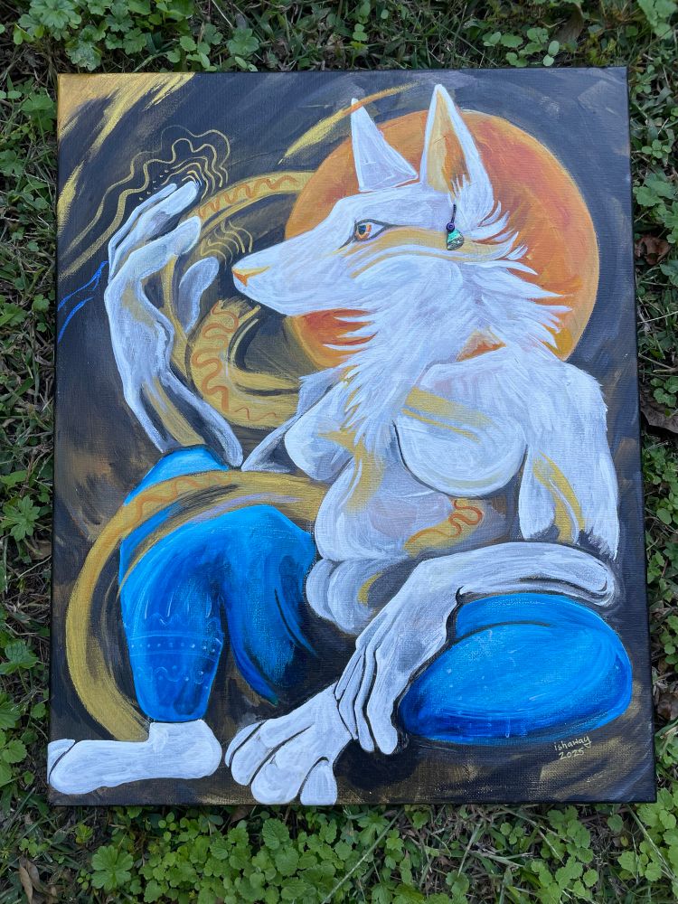 A painting of a pale canine headed femme figure. They are seated, through a raised palm comes golden rays and auras. 
Behind the figures head is an orange halo. The golden ribbons weave through the figure and the background, allowing them to meld slightly.
