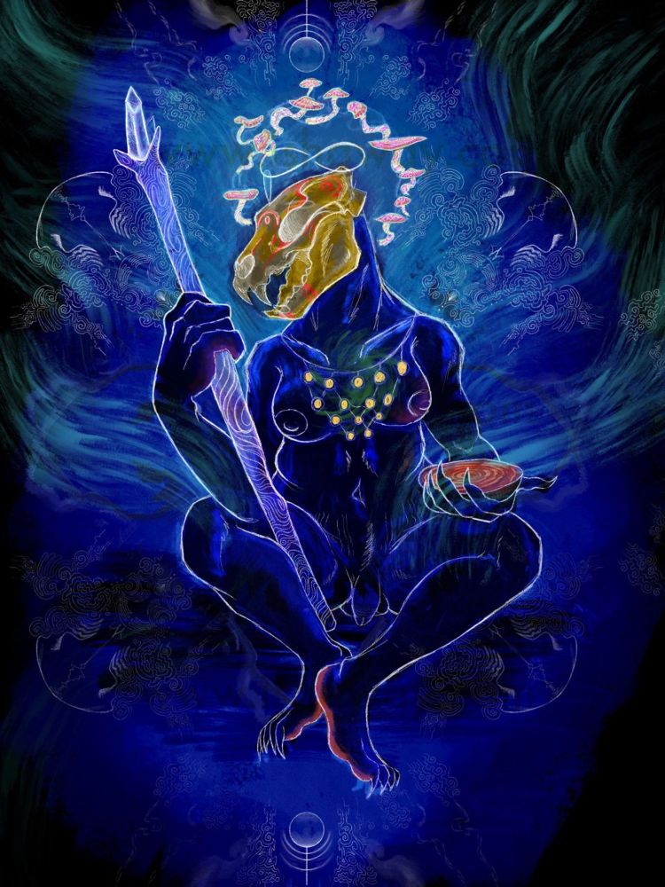 A hermaphroditic figure with a lion skull is sitting. The background hums with patterns behind them. Their head is surrounded by a crown of Psilocybin mushrooms.