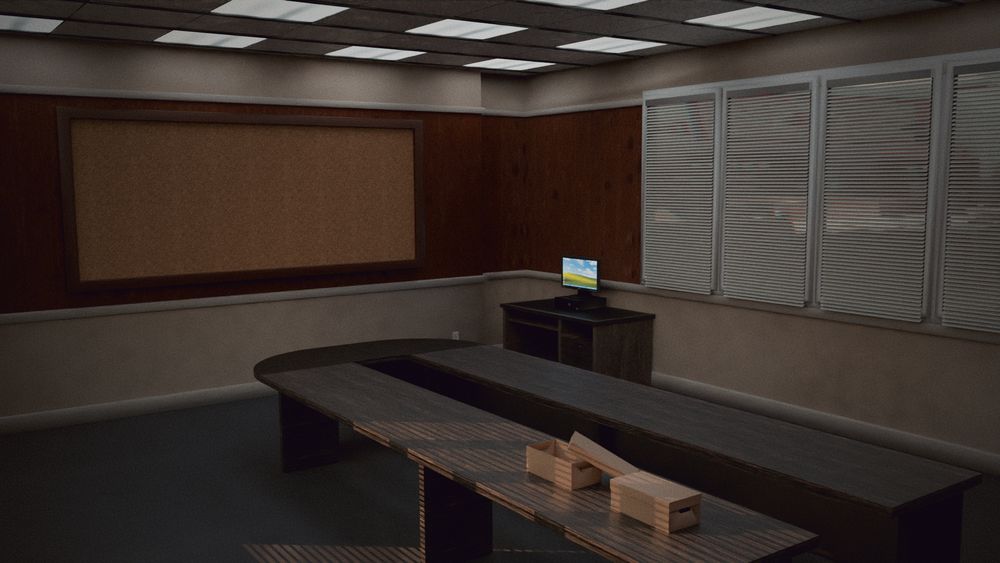 An image depicting an empty pristine mid 2000's conference room some time in the evening. An old Desktop computer sits in the corner running the iconic Windows XP fields wallpaper from the era.