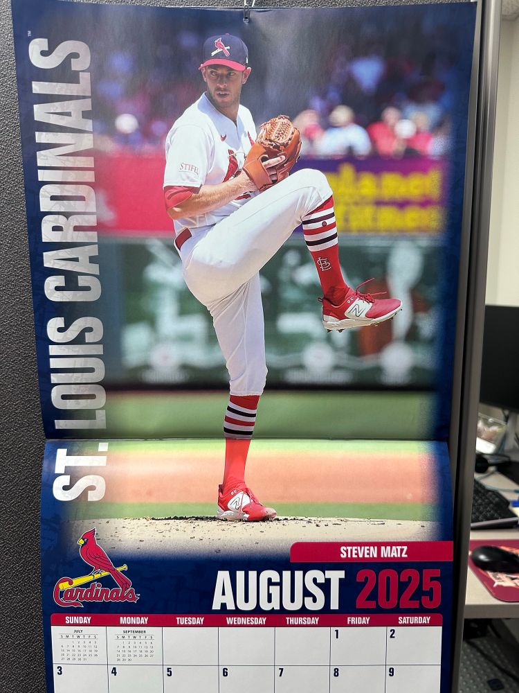 A St Louis Cardinals calander showing August 2025 and featuring Steven Matz 