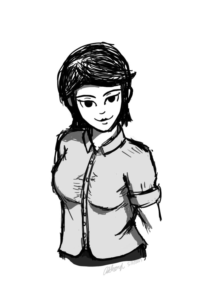 The character Cheryl looking toward the screen with sharp eyes and smile. Drawn in grayscale.