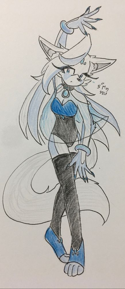 The faintly grey with cold blue markings appears to be in the middle of a dance, with one foot in front of the other while her hands are stretched high and low. She is gazing at the viewer, probably wondering why are they watching.