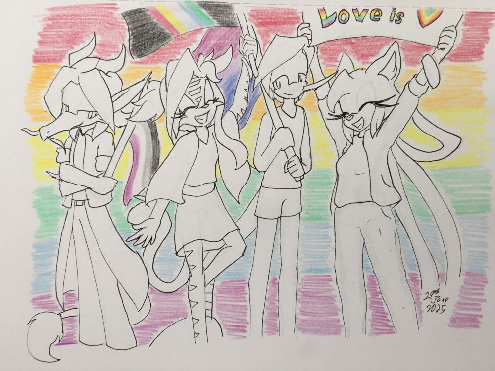 A Pride Month themed piece, featuring Roslan holding an Asexual Flag, Munais holding a Pride Disability Flag, Elvard holding a Bisexual Flag, and Desiree holding a "Love is love" placard, but the second "love" is a heart in the colours of LGBTQ+. The characters have no colour, while the background is the colour of a rainbow flag of Pride Month.