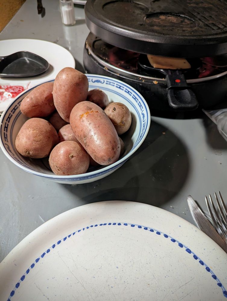 Plate, potatoes, and a raclette grill. 