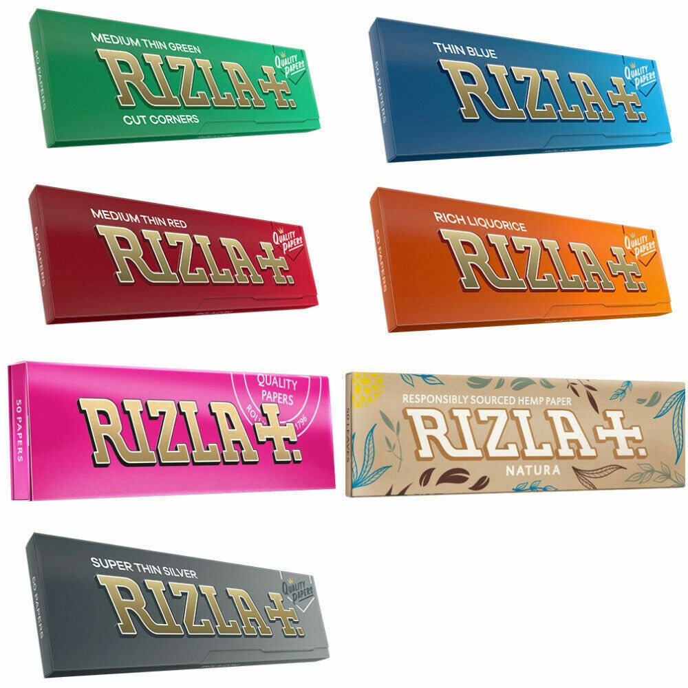 7 differently coloured packs of Rizla cigarette papers 