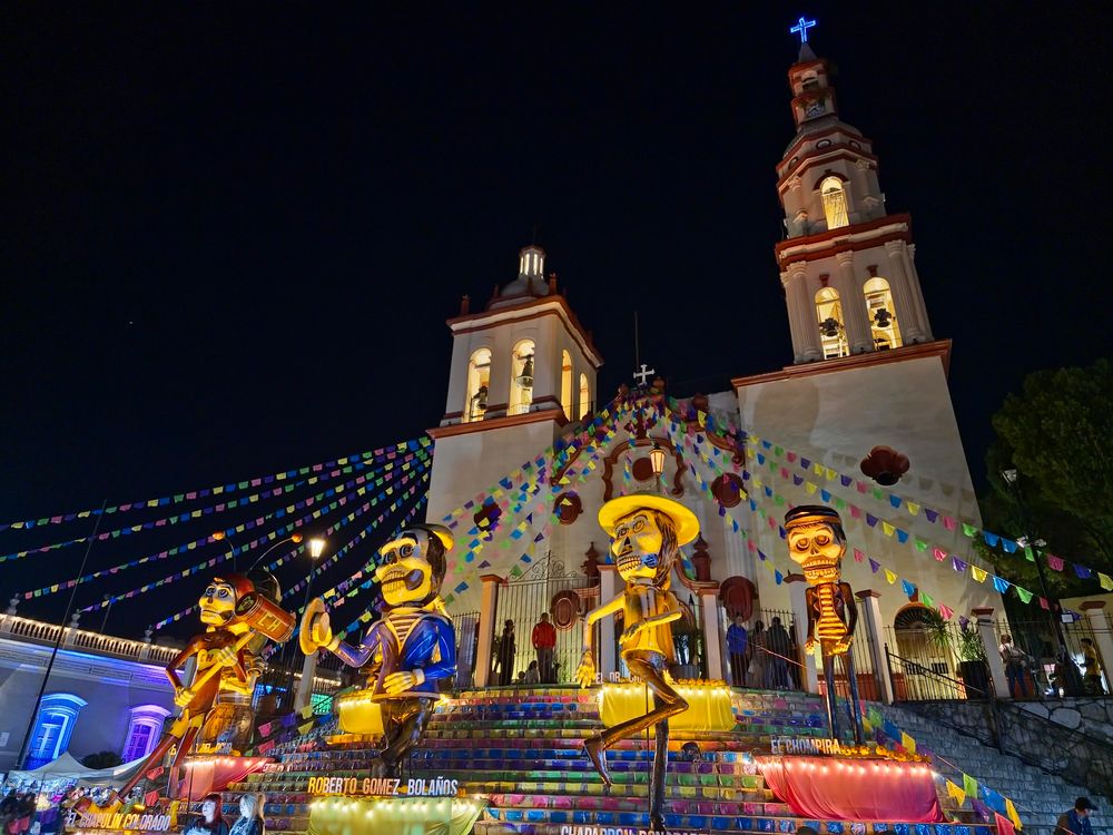 Church with Day of the Dead decorations for late actor and comedian Roberto Gómez Bolaños actora (El Chavo del Ocho, El Chapulín Colorado)