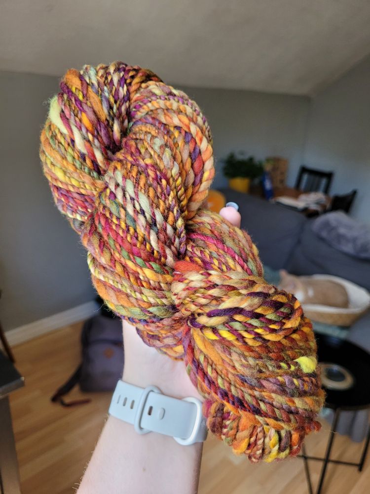 A mostly bulky, somewhat lumpy, skein of handspun yarn in autumnal shades of purple, orange, red, yellow, and green