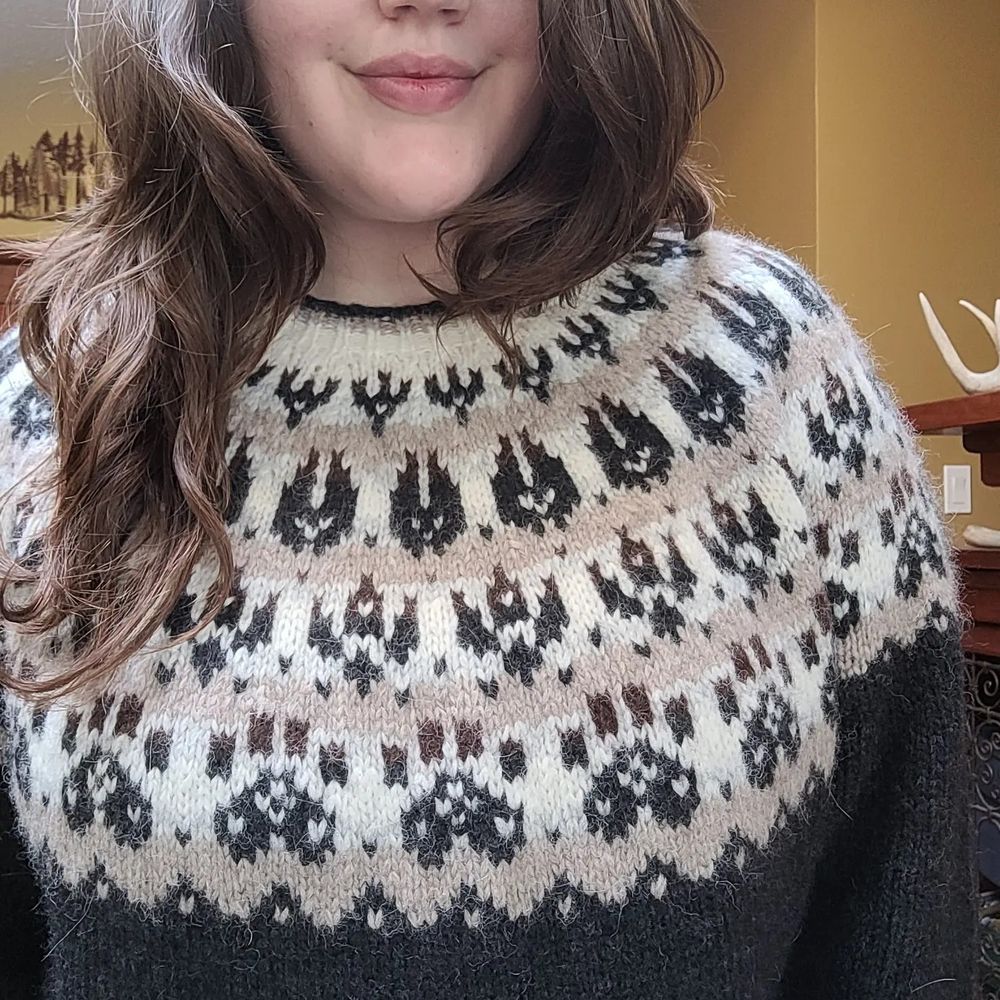 Close up view of the slóðir sweater yoke. It is made up of different animal footprints 