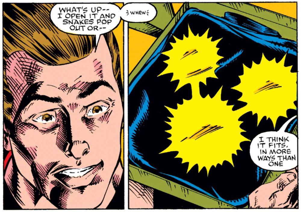 Two panels from New Warriors #14 by Fabian Nicieza, Mark Bagley, and Sam de la Rosa depicting a young man being surprised by a gift he opened.