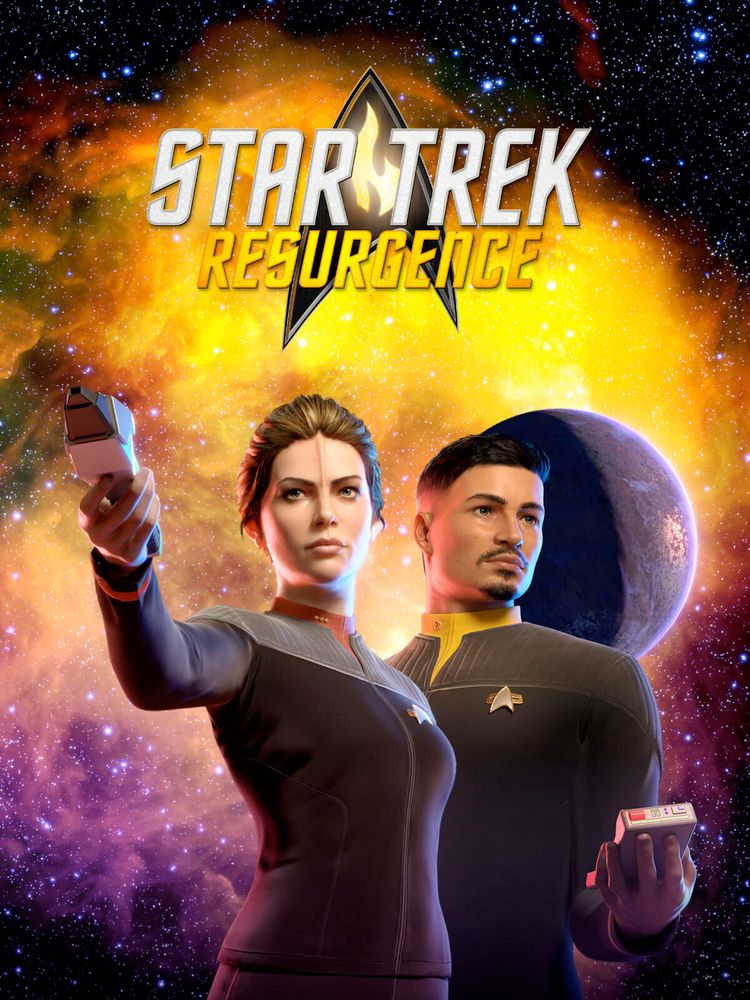The star trek resurence cover, a woman holds a phaser, a man holds a tricorder. Both are in uniforms before a starry background. 