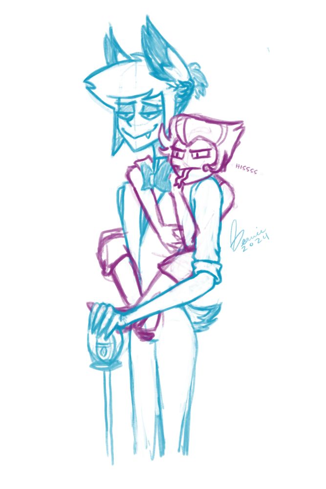 Alastor standing with an amused expression while Lucifer is clinging to him and hissing like a snake