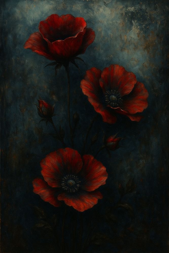 Crimson Silence is a hauntingly elegant painting of blood-red poppies standing against a weathered, shadowy backdrop. The flowers, vibrant yet somber, seem to float in an atmosphere of quiet melancholy, their delicate petals glowing like embers against the cold, muted tones of the background. This piece explores the fragile tension between life and decay, capturing beauty at the edge of darkness. Art copyright ©Yves Broeckx This is digitally created art concept and execution by Yves