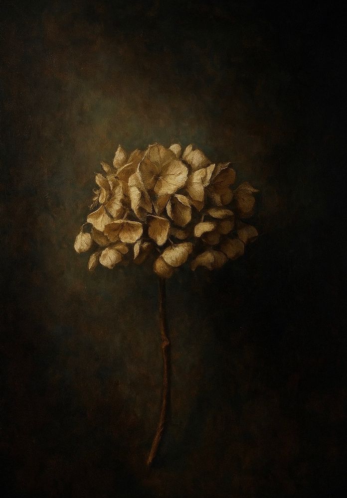 Eulogy in Bloom is a meditative still life that captures the fragile elegance of a dried hydrangea, suspended in solitude against a deep, textured background. The muted earth tones and soft lighting evoke a quiet reverence, transforming a simple, withered flower into a symbol of transience and enduring beauty. This piece invites reflection on the cycles of life, loss, and the quiet grace found in impermanence. Art copyright ©Yves Broeckx This is digitally created art concept and execution by Yves