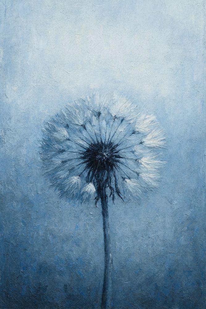 Frozen Wish is a quiet meditation on fragility and endurance. The artwork transforms the delicate seed head into an emblem of suspended longing. Rendered in icy blues and soft gradients, the piece evokes the feeling of a breath held too long — the world hushed, the air thin, time standing still.

The textured brushwork adds weight to something inherently weightless, giving the dandelion a ghostlike presence against the blurred, dreamlike background. It is a study in stillness, a whisper of resilience in a frozen moment, a wish waiting for the thaw.

Art copyright ©Yves Broeckx
This is digitally created art
concept and execution by Yves  