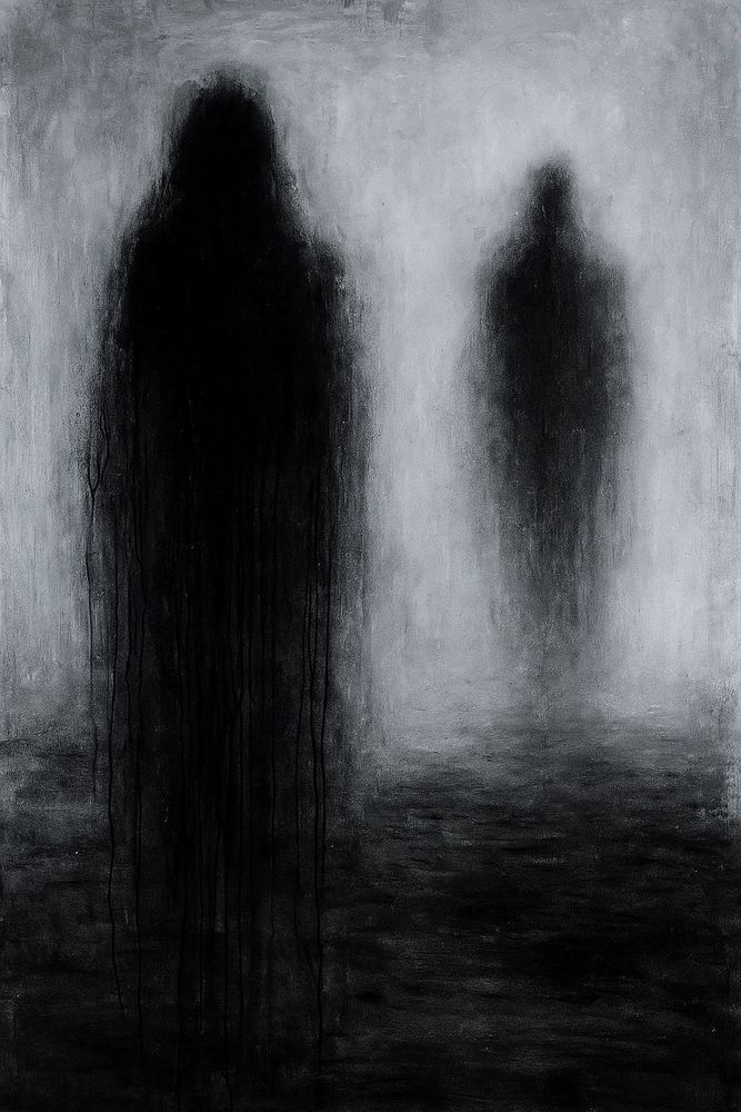 When We Were Shadows is an abstract expressionist painting rendered in stark monochrome. Two vague, spectral forms emerge from a hazy gray void—one dense, weighted with black pigment and elongated drips, the other lighter, dissolving into the surrounding mist. The figures feel less like people and more like impressions—emotional residues of presence now lost. The work evokes a quiet grief, a tension between what remains and what has already slipped away. It invites contemplation of connection, disappearance, and the haunting nature of memory.

Art copyright ©Yves Broeckx