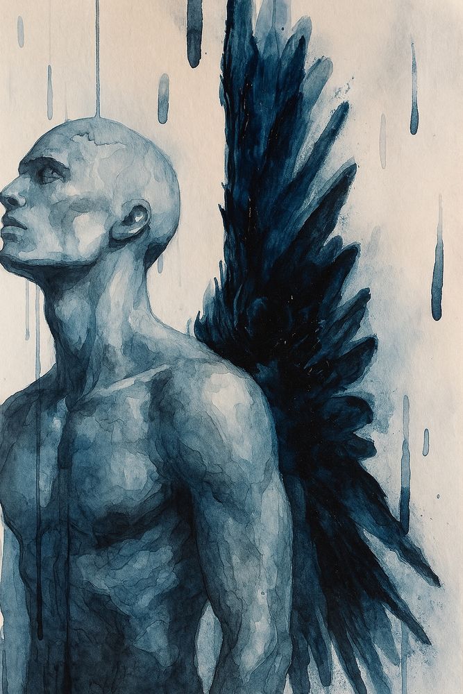 Ascension in Indigo captures a moment of solemn strength and internal elevation. The figure, rendered in cool washes of deep blue and muted gray, gazes upward with closed eyes — as if listening to something beyond. A single, dark wing erupts from his back, feathered with expressive strokes that blur between anguish and liberation. The bleeding pigment and vertical drips evoke motion and spiritual weightlessness, suggesting that ascension is as much an inner journey as a physical one. This artwork speaks to metamorphosis — the pain of growth, the solitude of becoming.

Art copyright ©Yves Broeckx