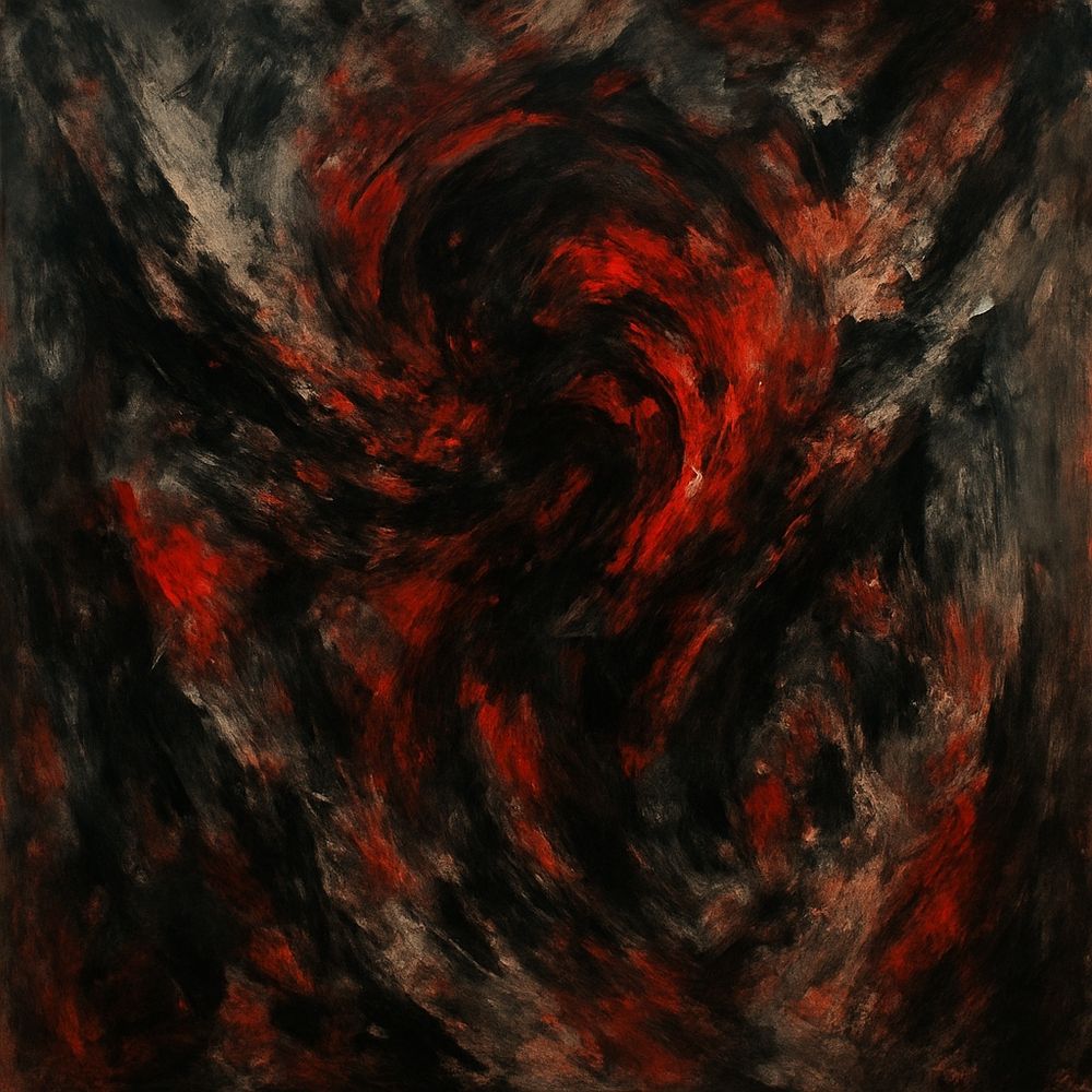 Under my skin captures the raw, unrelenting chaos of anxiety. Deep blacks and violent reds churn together in a vortex of motion, evoking the sense of being pulled into an inescapable spiral. There are no forms, no safe edges — only the feeling of being swallowed by something vast, nameless, and heavy. It is not meant to comfort; it is meant to be. Art copyright ©Yves Broeckx This is digitally created art concept and execution by Yves 