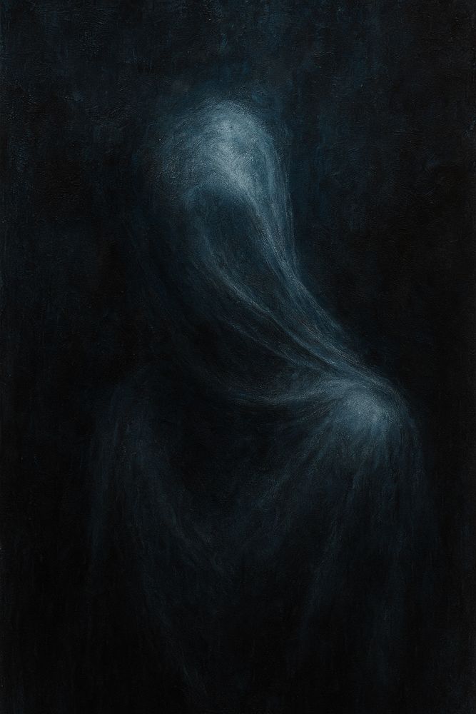 The Veil Remembers is an ethereal study of absence. Rendered in cool, smoky tones, a veiled figure emerges from the void — its form barely held together by threads of light and memory. The figure’s head is bowed, features obscured by translucent fabric that seems both protective and suffocating. The heavy darkness surrounding it amplifies its spectral fragility. This painting speaks of grief, forgotten selves, and the ghosts we carry — not terrifying, but tenderly unresolved. It is presence and disappearance at once.

Art copyright ©Yves Broeckx