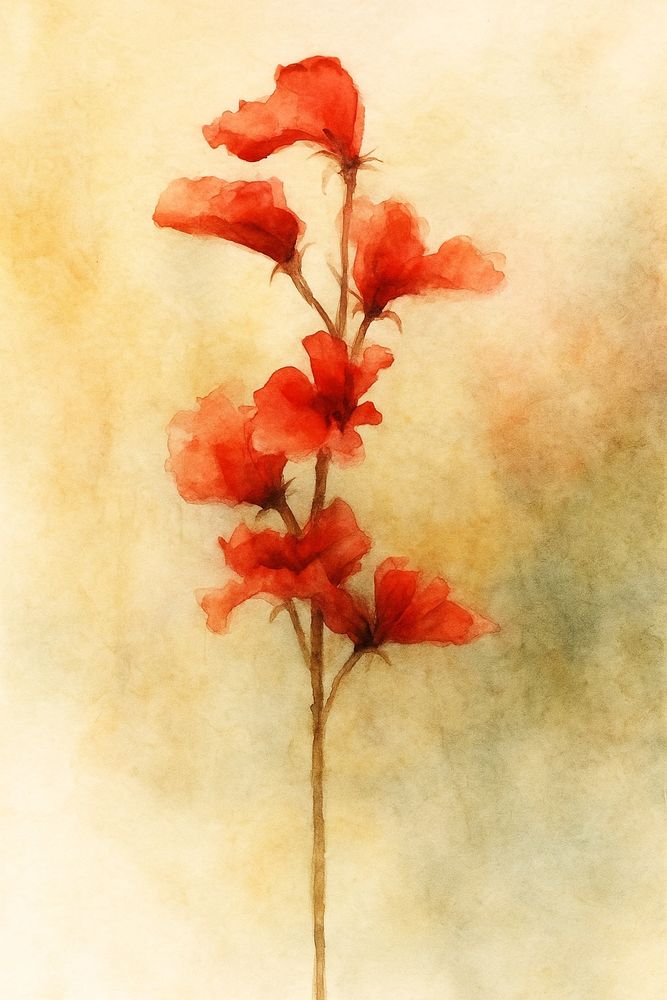 In The Stillness Between Petals, the focus is solitary—a delicate stem blooming in isolation. The red petals glow with quiet intensity, their watercolor edges soft and dissolving into the muted background. There is no chaos here, only breath and balance. This painting is a meditation in stillness, a visual poem where each bloom is a verse, and each pause between them speaks of presence, fragility, and resilience. It feels like remembering something you never touched, but always knew.

Art copyright ©Yves Broeckx