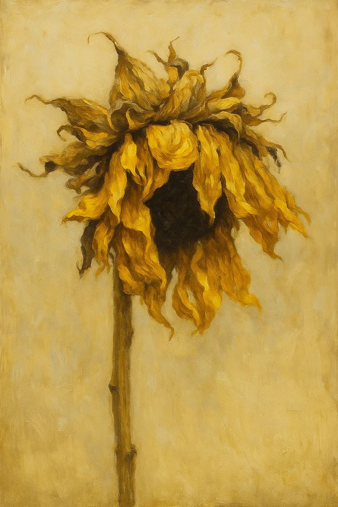 “today’s self-portrait” is a tender reflection on fragility and persistence. The sunflower, wilted and curling inward, mirrors the weight of fatigue yet holds a quiet strength in its stance. With muted golds and soft shadows, the piece invites viewers to see beauty not only in flourishing, but in the grace of simply enduring.

Art copyright ©Yves Broeckx
This is digitally created art
concept and execution by Yves
