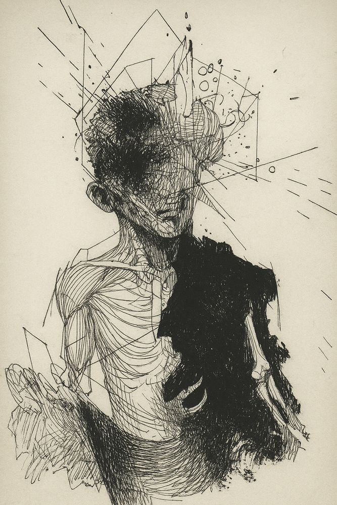 Fractured Silence is a haunting pen and ink composition that portrays the human figure in a state of psychological rupture. The anatomical precision of the body contrasts with the chaotic, ink-blotted dissolution of the head, suggesting a collapse of self or identity. Geometric lines slice through the portrait like fractures in glass, adding a layer of calculated tension. The result is a deeply expressive work that balances control and chaos, anatomy and abstraction—a silent scream rendered in ink.

Art copyright ©Yves Broeckx