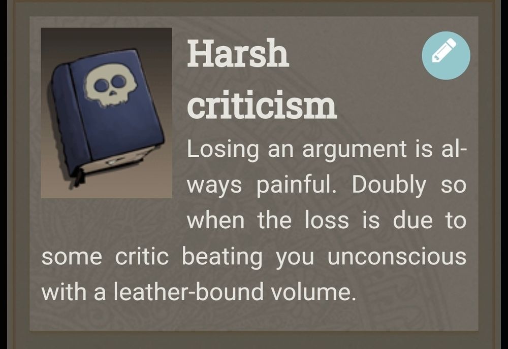 Fallen London screenshot: "Harsh criticism | Losing an argument is always painful. Doubly so when the loss is due to some critic beating you unconscious with a leather-bound volume."