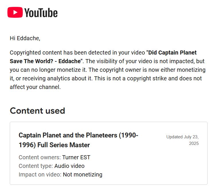 Screen shot from an email claiming copyright on my Captain Planet video