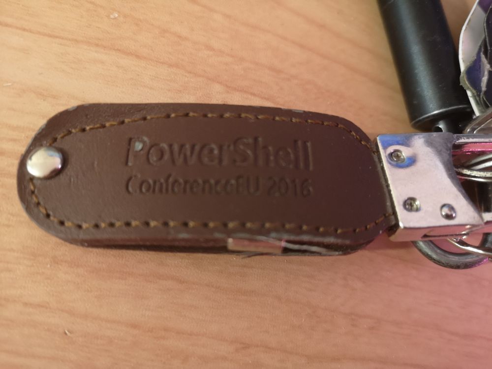 PowerShell Conference EU 2016 USB drive on a clip attached to keys

It used leather and I believe was hand made for the conference. 