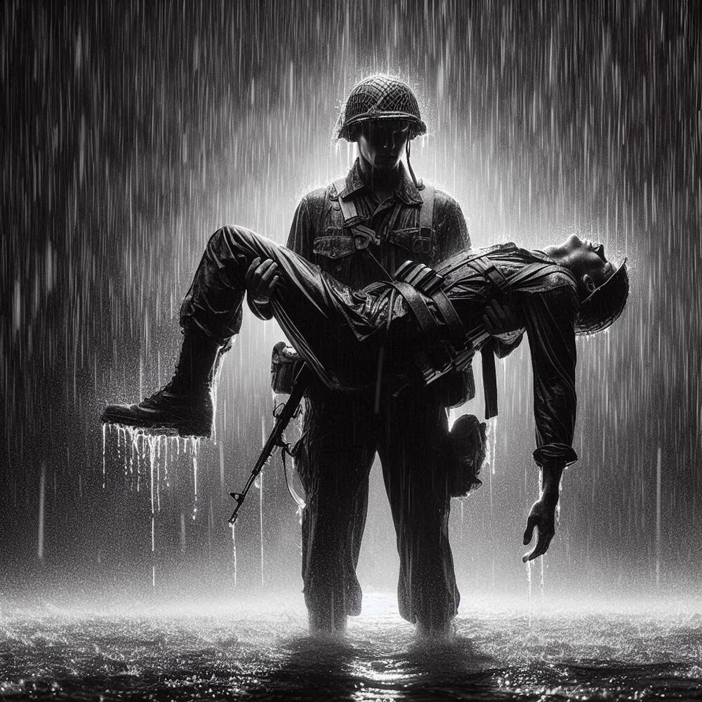 Soldier carries fallen comrade in the pouring rain