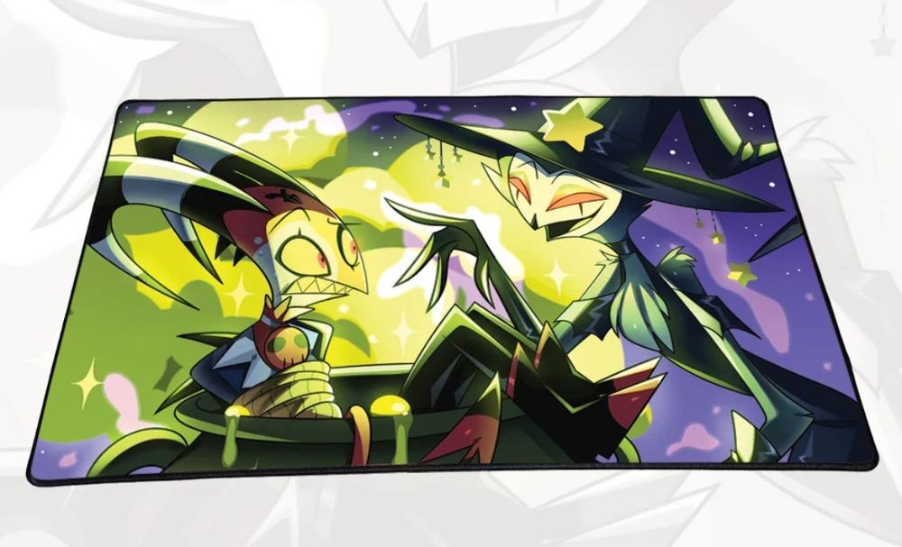 2023 Halloween playmat with Stolas dressed as a witch while Blitz is tied up in a cauldron 