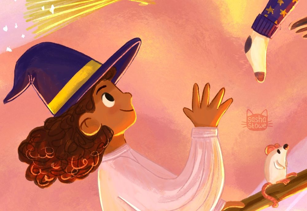 Another section of the illustration with a curly haired witch waving to the girl visitor. She has a little rat familiar on her broomstick. 