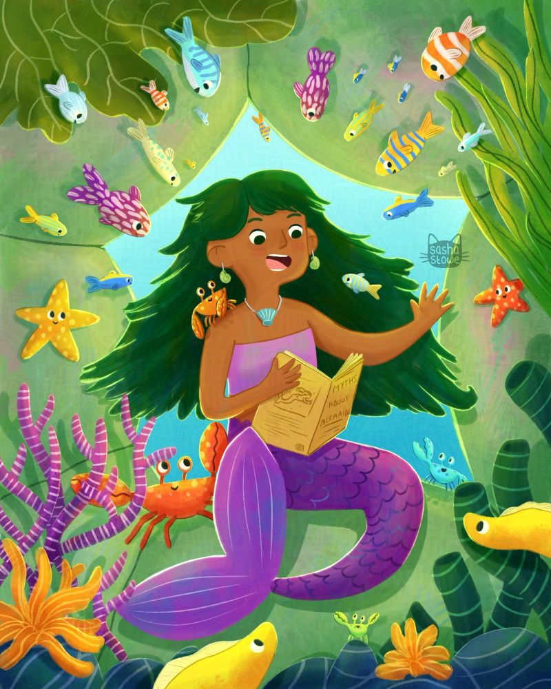 An illustration of a green haired, purple tailed, mermaid. She's sitting on some green rocks surrounded by coral and seaweed. She's reading a book called 'Myths About Mermaids' to lots of little fish, crabs, eels and starfish. 