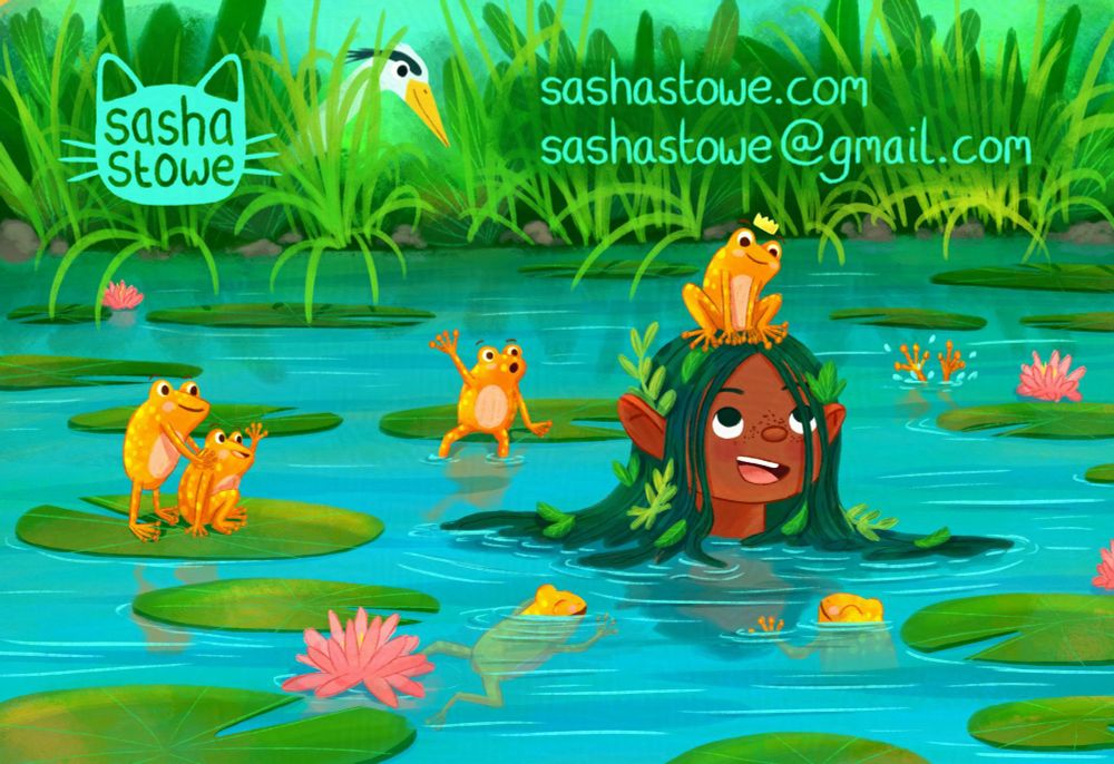 An illustration of a dark green haired girl in a pond surrounded by green lily pads and 6 orange frogs. One frog is on her heard with a yellow crown. A cheeky heron is in the background, looking on through the foliage on the ponds borders. 