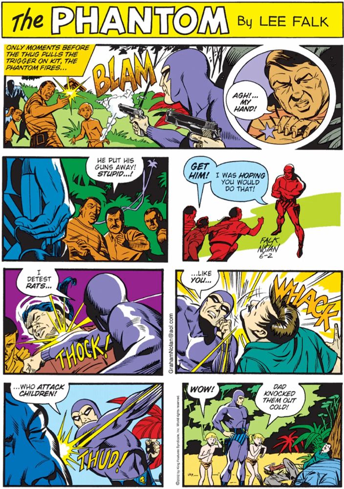 A multi panel Sunday comic page for Lee Falk’s The Phantom. Many punches are thrown.