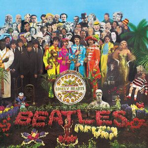 The band members of The Beatles dressed in colorful marching band uniforms standing among a large group of celebrities behind a drum that reads Sgt. Peppers Lonely Heart Club Band 